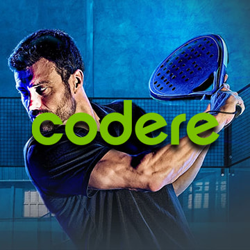 Logo de Codere y un jugador sobre el que hacer apuestas deportivas de pádel.