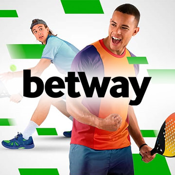 Dos jugadores y el logo de Betway, operador top para hacer apuestas deportivas de pádel.