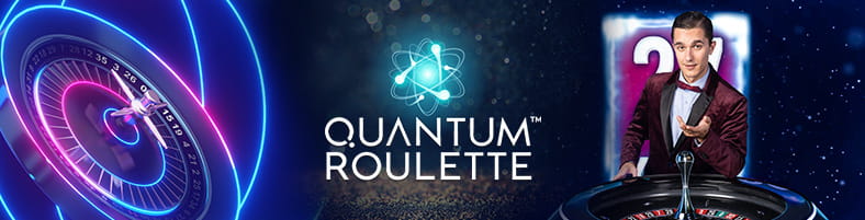 Logo de la Ruleta Quantum entre un hombre crupier y una ruleta.