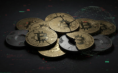 Monedas con símbolo de bitcoin apiladas sobre un fondo oscuro tecnológico.