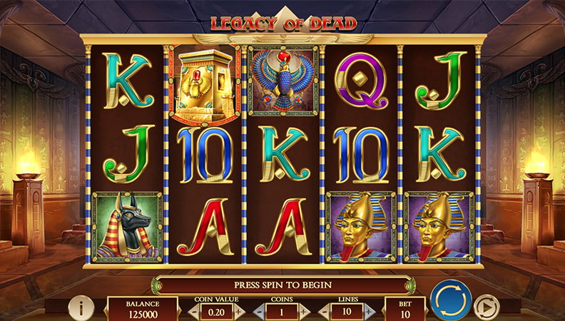 Tablero de la slot Legacy of Dead al jugar en un casino online.