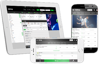 Dos móviles y una tablet con la app móvil de la casa de apuestas Betway.