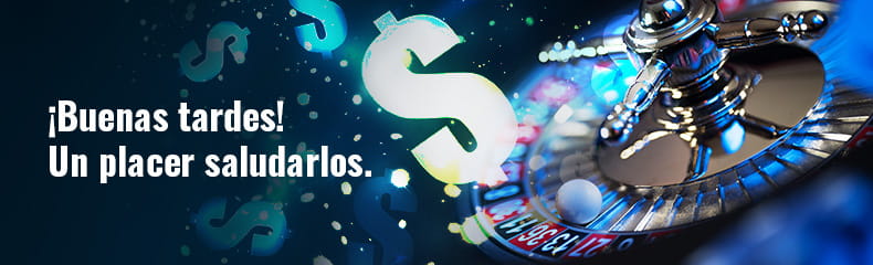 Mesa de ruleta y símbolos de dólar junto a un texto de bienvenida a un casino en vivo.