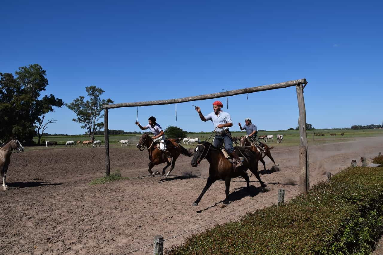 Tres gauchos argentinos corriendo carreras de caballos en los campos de la pampa.