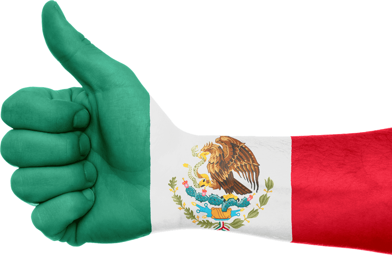 Mano con el pulgar hacia arriba pintada con los colores de la bandera de México.