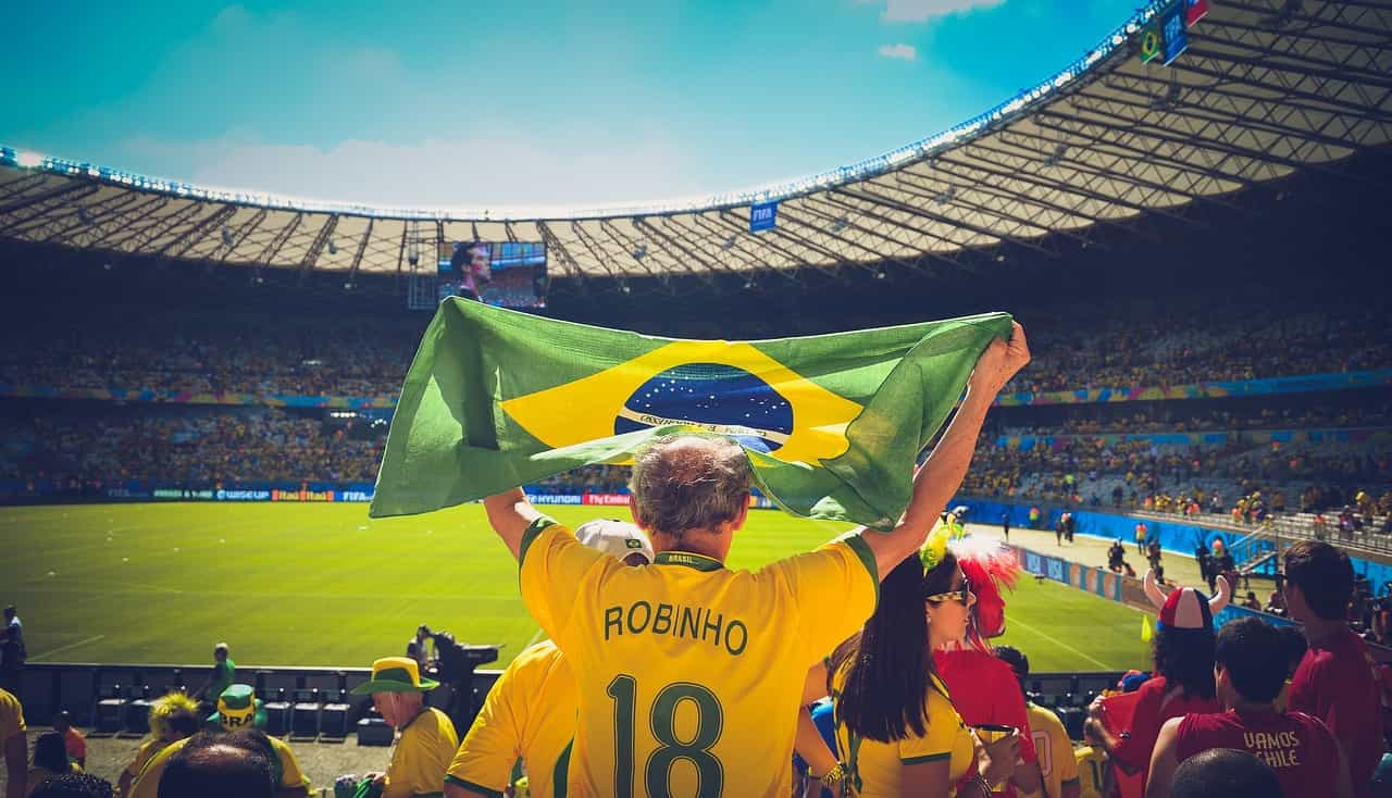 Persona de espaldas con la camiseta de Robinho en un estadio de fútbol levantando la bandera de Brasil.