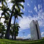 Edificio parlamentario junto a cocoteros en Brasilia, capital de Brasil.