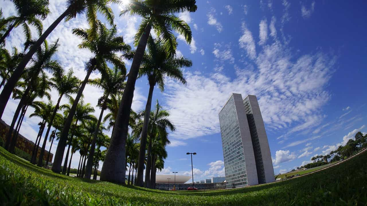 Edificio parlamentario junto a cocoteros en Brasilia, capital de Brasil.