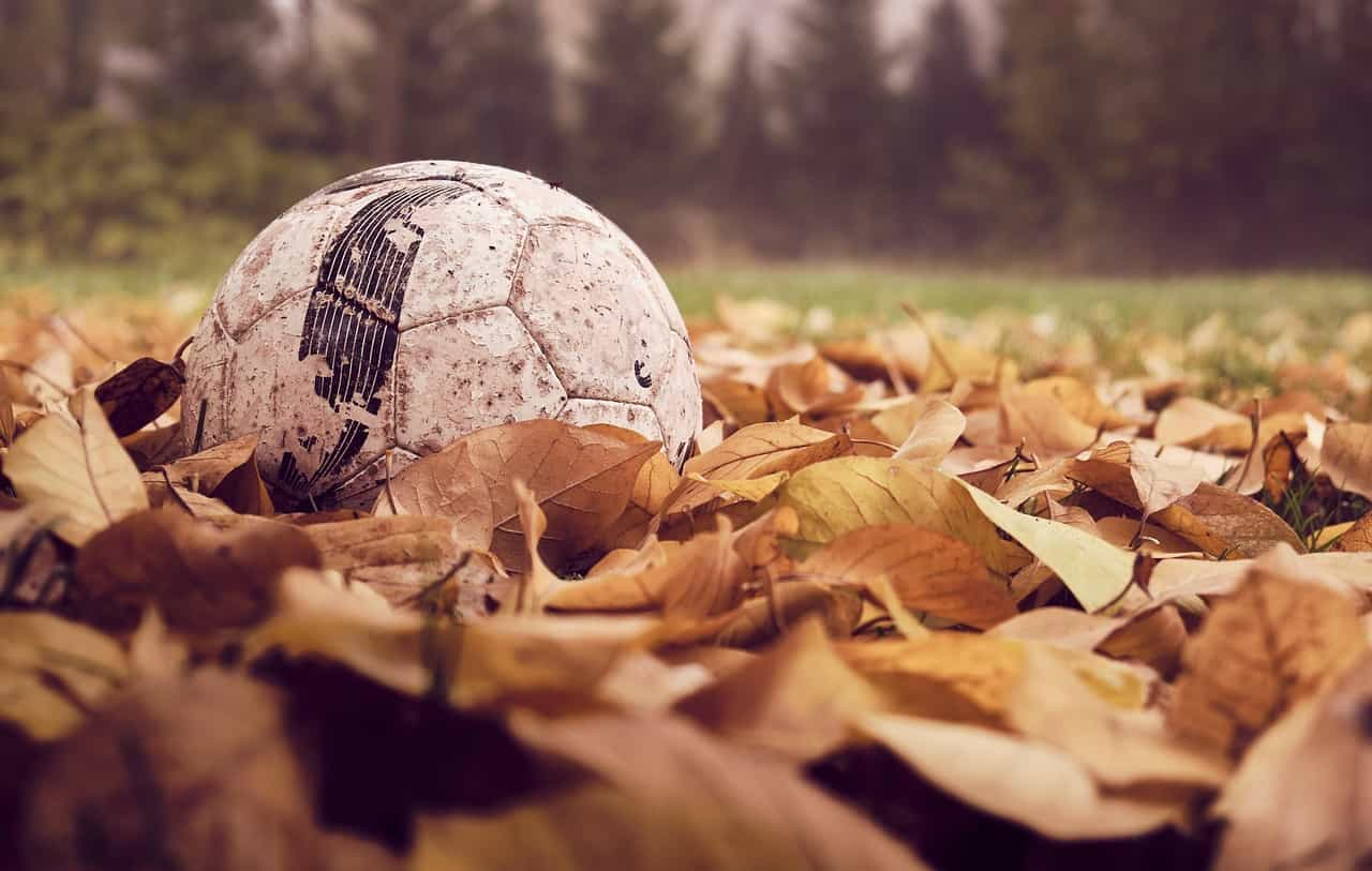 Pelota de fútbol, ajada y con cortes, sobre un montón de hojas secas.