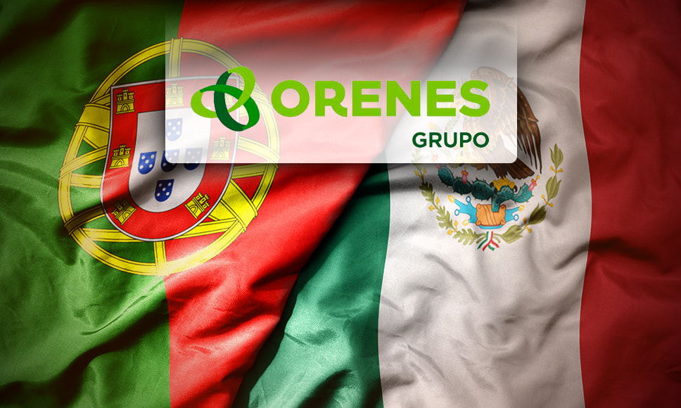 Banderas de México y Portugal con el logo del Grupo Orenes.