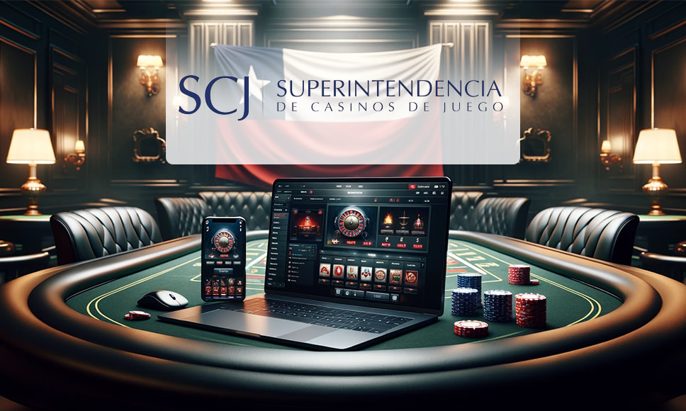 Logo de la SCJ con un computador portátil sobre una mesa de póker.