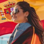 Mujer joven con gafas envuelta en la bandera española.