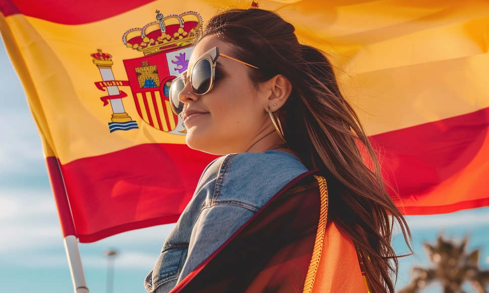 Mujer joven con gafas envuelta en la bandera española.