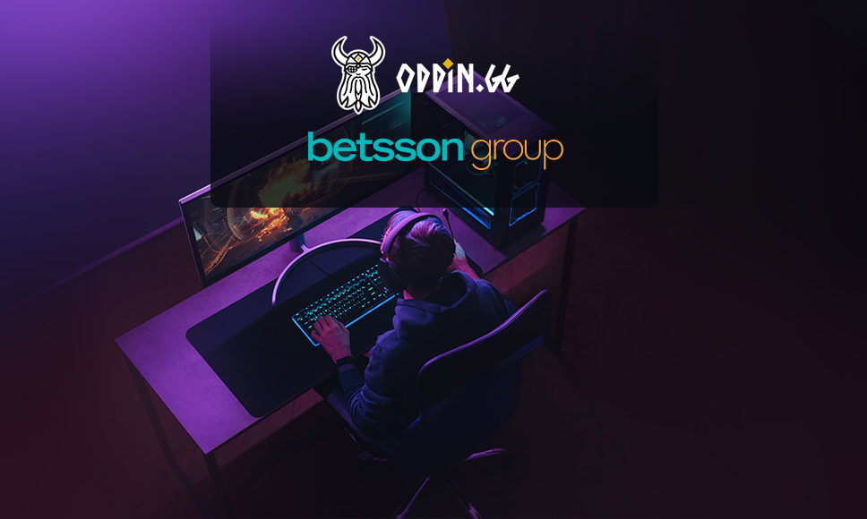 Logos de Betsson Group y Oddin.gg y un joven jugando online.