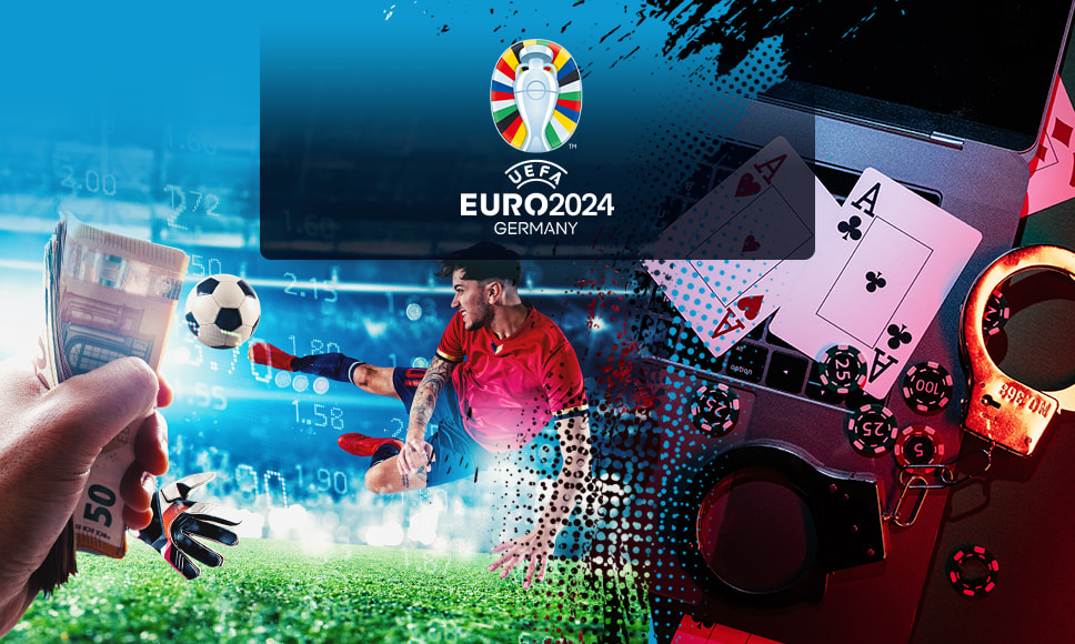 Logo de la competición EURO2024 con un fondo de negocios, apuestas y fútbol.