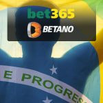 Logos de las casas de apuestas Betano y bet365 sobre la bandera de Brasil.