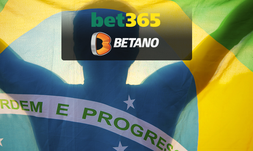 Logos de las casas de apuestas Betano y bet365 sobre la bandera de Brasil.