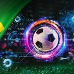 Balón de fútbol en un entorno digital y bandera de Brasil.