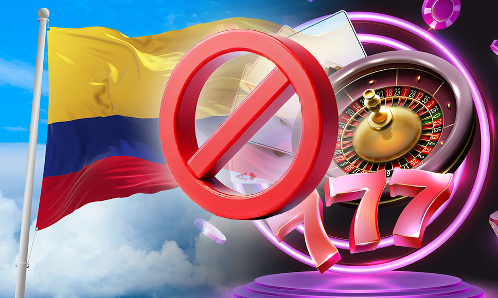 Bandera de Colombia y símbolo de prohibido con juegos de casino.