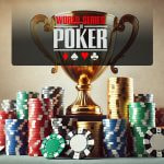 Fichas de póker y trofeo de las World Series of Poker.