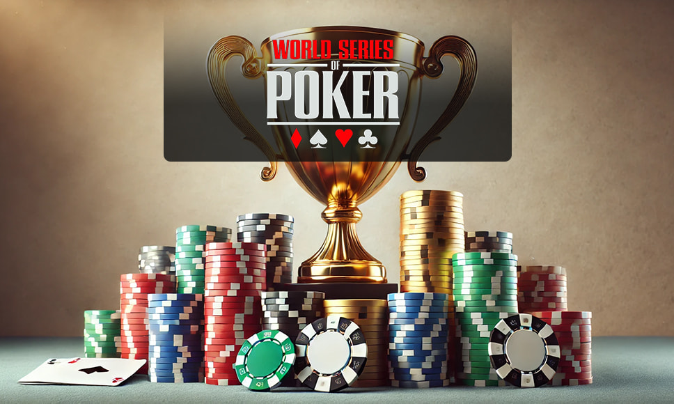 Fichas de póker y trofeo de las World Series of Poker.