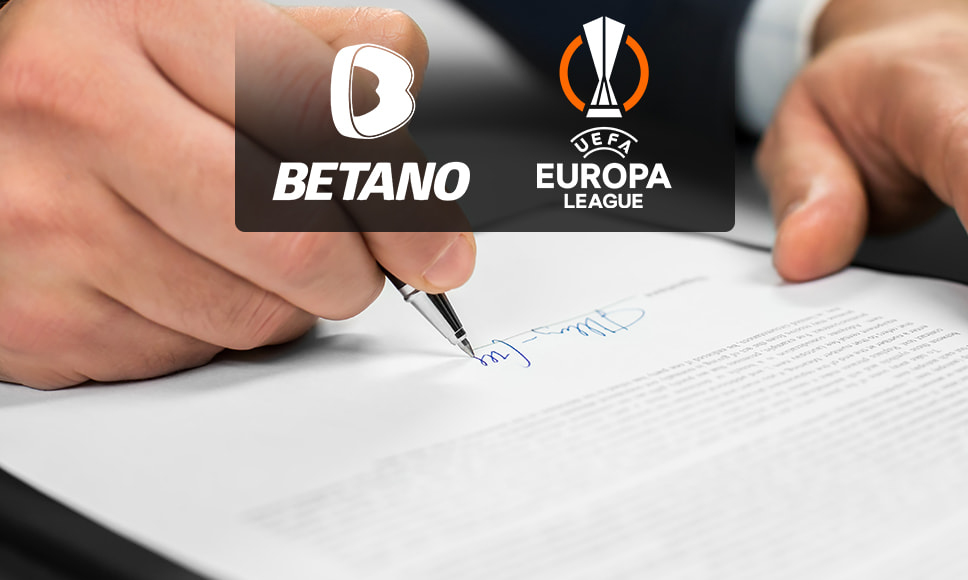 Persona firmando un documento y los logos de Betano y la UEFA Europa League.