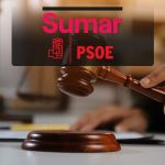 Logos de los partidos políticos Sumar y PSOE y mazo de un juez.