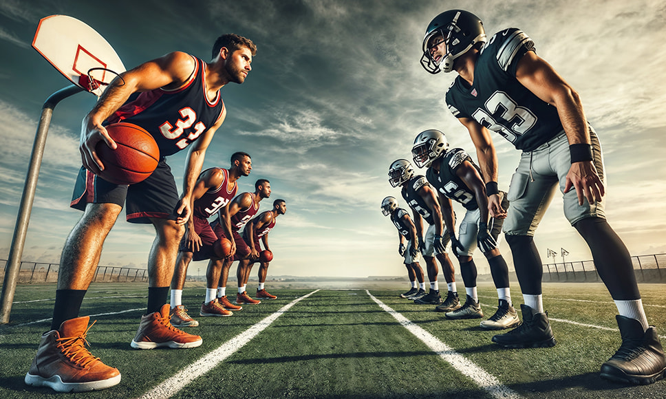 Jugadores de baloncesto y fútbol americano frente a frente.