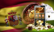 Bandera de España de fondo con juegos de casino y monedas.