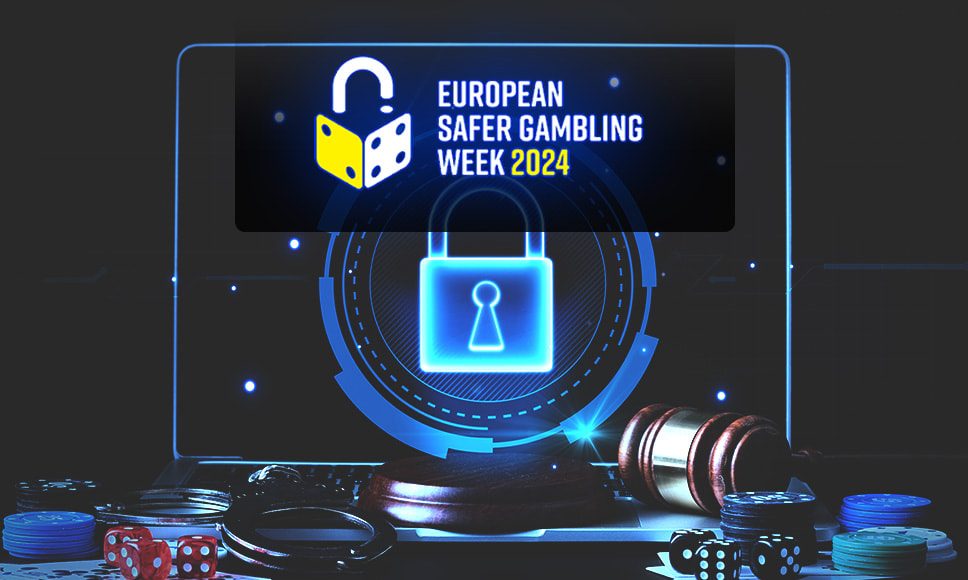 Candado digital con juegos de casino y anuncio de la European Safer Gambling Week.