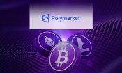 Fondo con símbolos de criptomonedas y logo del operador Polymarket.