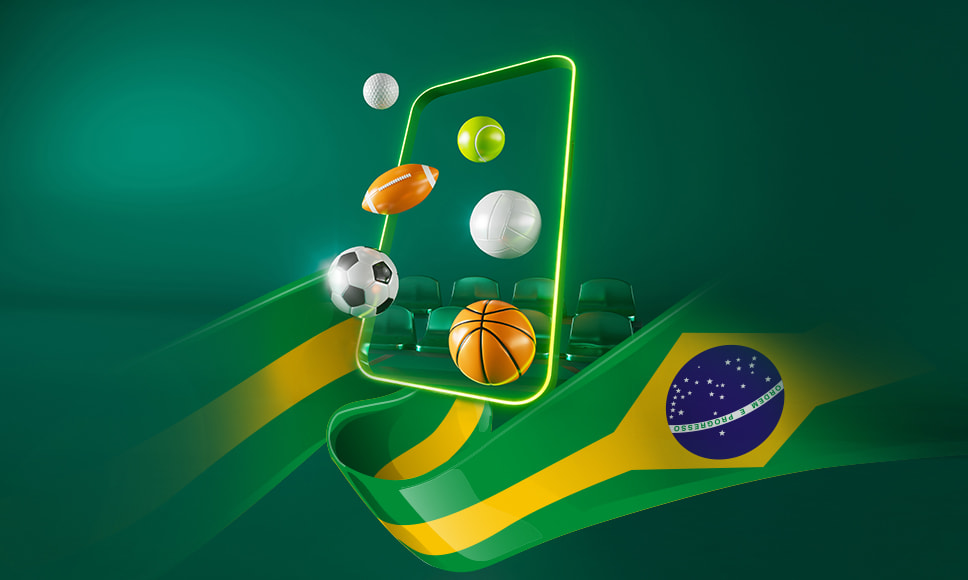 Entorno digital con deportes en un celular y los colores de la bandera de Brasil.