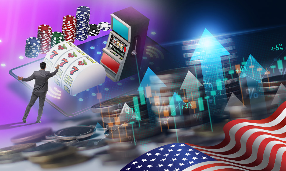 Juegos de casino con gráficas de crecimiento y la bandera de los Estados Unidos.