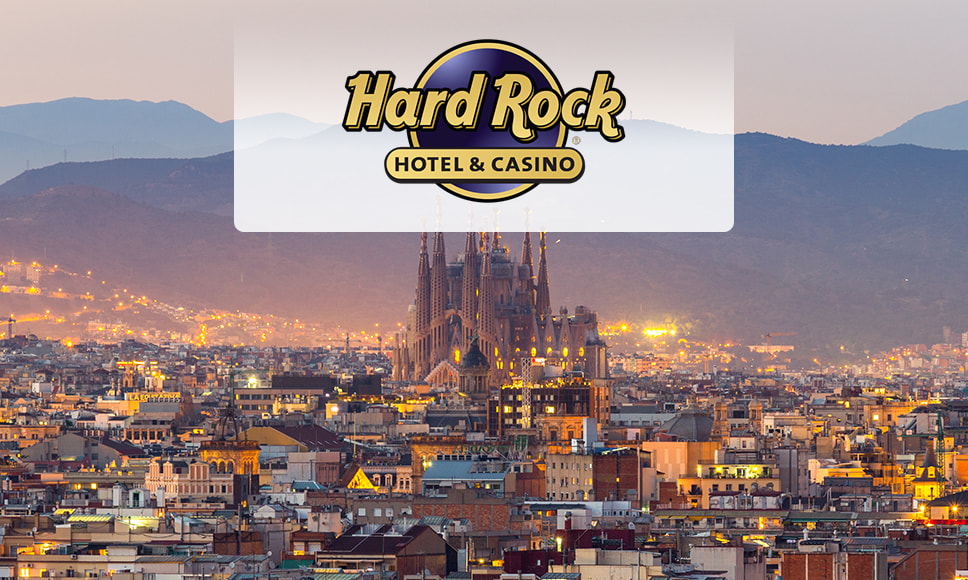 La ciudad de Barcelona con el logo de Hard Rock Hotel & Casino.