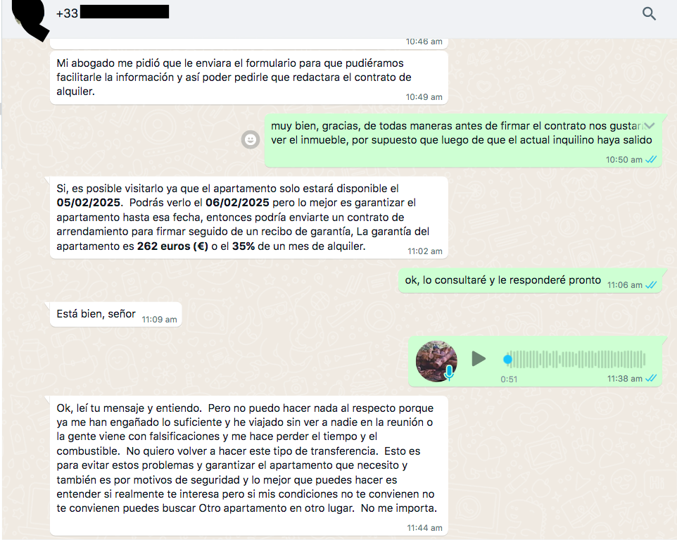 Conversación en el chat de WhatsApp sobre el alquiler de un piso.