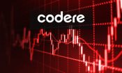 Logo de Codere y gráfico de datos en un fondo rojo.