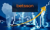 Logo del casino online Betsson con una gráfica de ingresos y el mapa de Sudamérica.